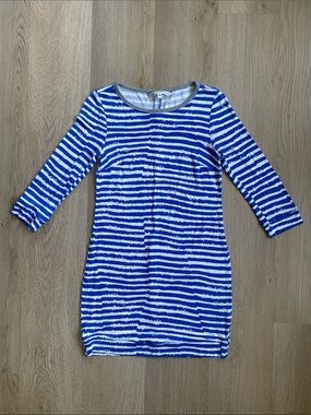 Trina Turk Blue White Striped Knit Dress Small Nautical Stretch 3/4 Sleeve